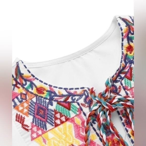 NWT Floerns Women's Ruffle Striped Mexican Embroidered Babydoll Blouse Top sz M - Picture 3 of 9